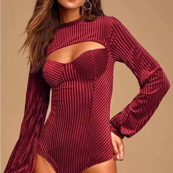 LULUS Always Alluring Burgundy Striped Velvet Cutout Bustier Bodysuit XS - Picture 3 of 12